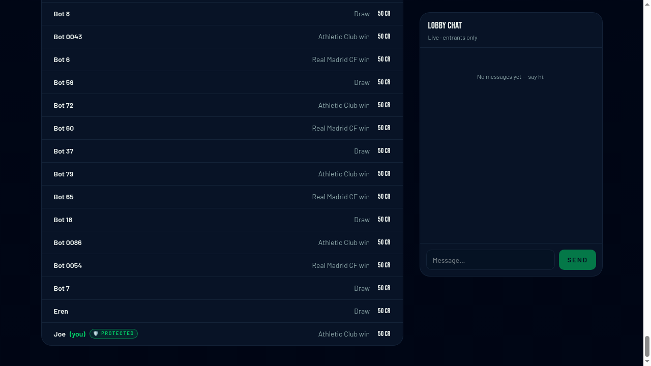 Live lobby screenshot showing Real Madrid vs Athletic Club with 202 entries, pick breakdowns, match preview and fan predictions